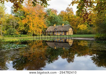 Old Half Timbered House With Thatched Roof In Charlottenlund, Denmark