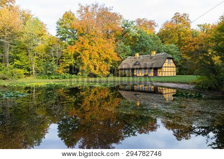 Old Half Timbered House With Thatched Roof In Charlottenlund, Denmark