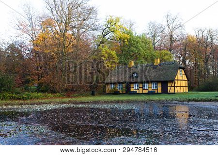 Old Half Timbered House With Thatched Roof In Charlottenlund, Denmark