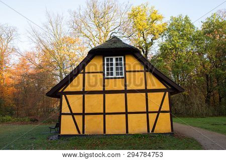 Old Half Timbered House With Thatched Roof In Charlottenlund, Denmark