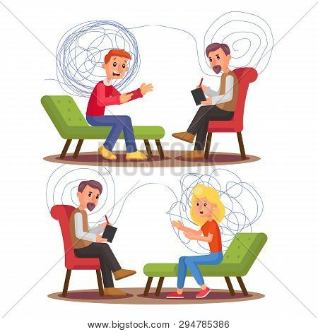 Psychiatry, Psychology Professional Consultation Vector Illustration Set. Psychiatry Therapy. Psychi