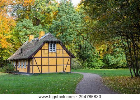 Old Half Timbered House With Thatched Roof In Charlottenlund, Denmark