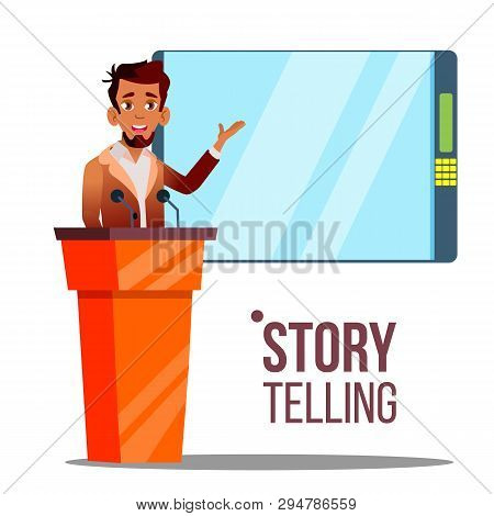 Conference, Business Meeting Speech Cartoon Vector Poster. Corporate Conference Speaker, Coach, Trai