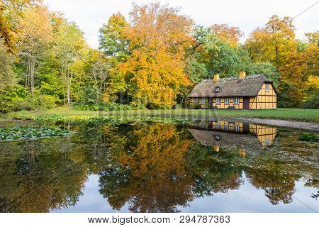 Old Half Timbered House With Thatched Roof In Charlottenlund, Denmark