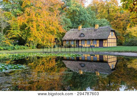 Old Half Timbered House With Thatched Roof In Charlottenlund, Denmark