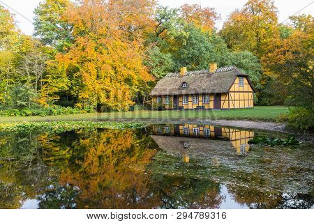 Old Half Timbered House With Thatched Roof In Charlottenlund, Denmark