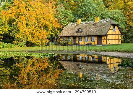 Old Half Timbered House With Thatched Roof In Charlottenlund, Denmark