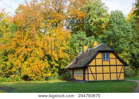 Old Half Timbered House With Thatched Roof In Charlottenlund, Denmark