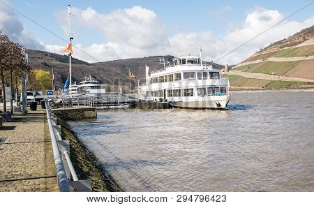 Germany Seaside Landscape In Spring Sun Day. Ships And Cruise Liner In Harbor On The Sea Coast.