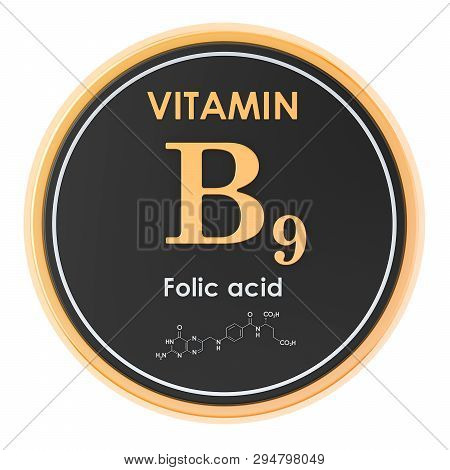 Vitamin B9, Folic Acid. Circle Icon, Chemical Formula, Molecular Structure. 3d Rendering