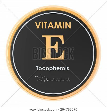 Vitamin E, Tocopherols. Circle Icon, Chemical Formula, Molecular Structure. 3d Rendering