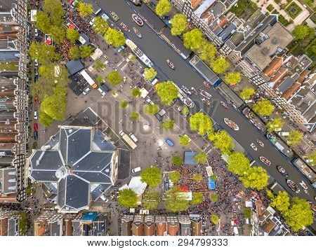 Market Square Noordermarkt On Koningsdag Kings Day Festivities In Amsterdam. Birthday Of The King. S
