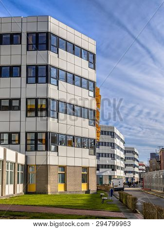 Groningen, Netherlands - February 2, 2017: Typical White And Black Hospital Buildings On A Row Under