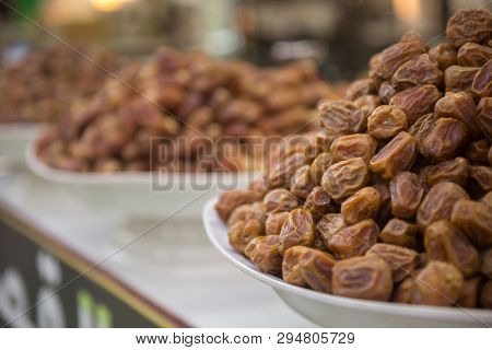 Date fruits in the shop. Arabian date displayed in a shop during Ramadan festive season.