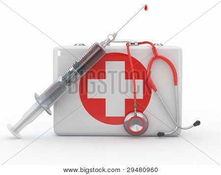 İlk yardım seti, şırınga ve stethscope. 3D