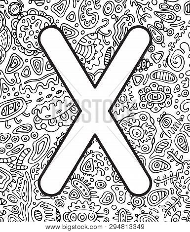 Ancient Scandinavic Rune Gebo With Doodle Ornament Background. Coloring Page For Adults. Psychedelic