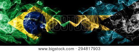 Brazil Vs Bahamas, Bahamian Smoke Flags Placed Side By Side. Thick Colored Silky Smoke Flags Of Braz