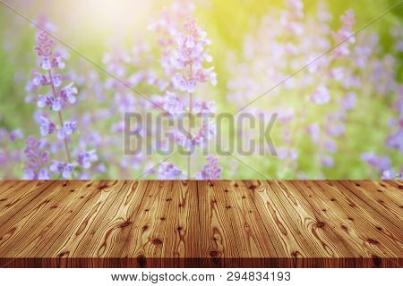 Emtry Wooden Table On Top Over Blur Natural Background, Can Be Used Mock Up For Montage Products Dis