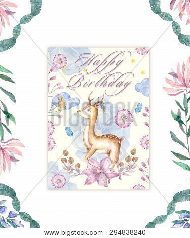 Cute Baby Deer And With Tasty Cake Animal Isolated Illustration For Children. Bohemian Watercolor Bo