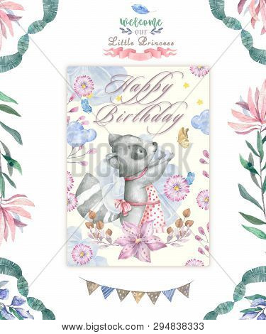 Cute Baby Roccoon With Tasty Cake Animal Isolated Illustration For Children. Bohemian Watercolor Boh