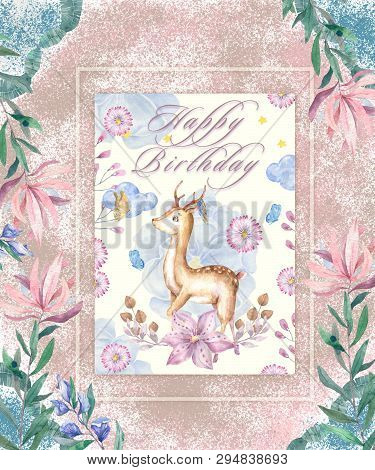 Cute Baby Deer And With Tasty Cake Animal Isolated Illustration For Children. Bohemian Watercolor Bo