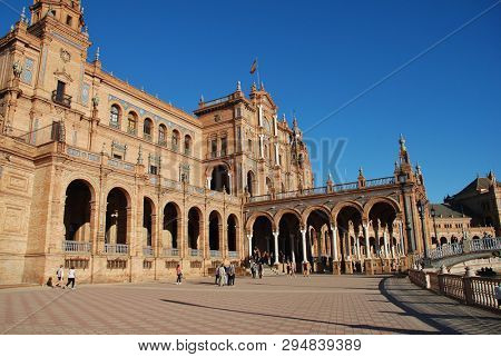 SEVILLE, SPAIN - APRIL 3, 2019: Exterior of the historic Plaza de Espana. It was built for the 1929 Ibero -American Exposition. 