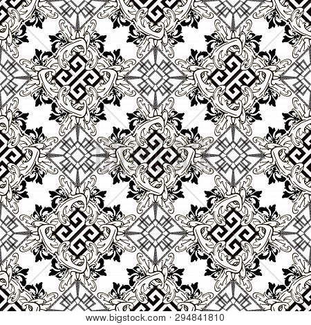 Floral Baroque Style Greek Vector Seamless Pattern. Ornamental Black And White Geometric Background.