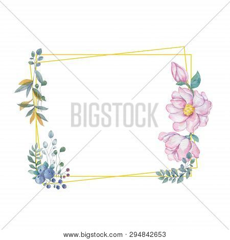 Watercolor Flowers And Leaves Wreath. Gold Frame Illustration. Square Clip Art Branch For Celebratio
