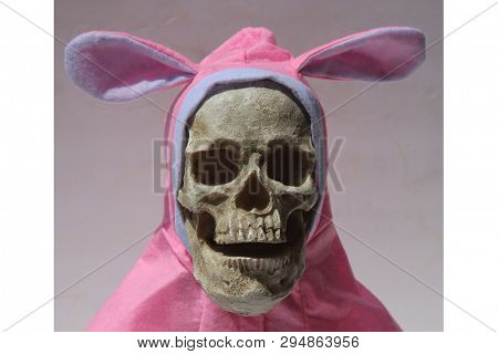 Evil Skull. Sinister Easter Bunny. Evil Skull wearing a pink Easter bunny hat.
Halloween skull. Happy Easter. 