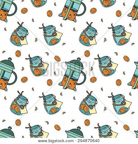 Seamless Pattern With French-press And Glass-jar With Biscuits And Label. Doodle Illustration. Fabri