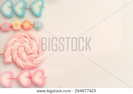Colorful Candies Marshmallow Sweet Joyful Summer Concept Idea Background, Top View, Copy Space Heart