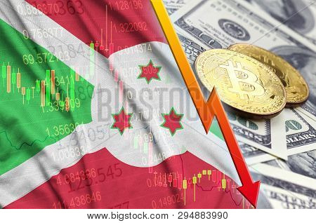 Burundi Flag And Cryptocurrency Falling Trend With Two Bitcoins On Dollar Bills