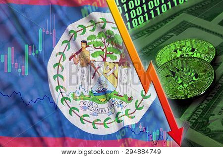 Belize Flag And Cryptocurrency Falling Trend With Two Bitcoins On Dollar Bills And Binary Code Displ