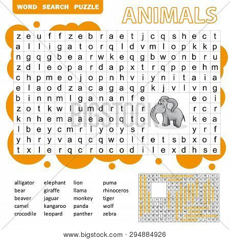 Words Search Puzzle Game Of Animals For Preschool Kids Activity Worksheet Colorful Printable Version