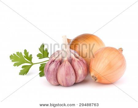 Zwiebel und Knoblauch, Gewürznelke isolierten auf weißen Hintergrund