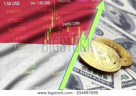 Indonesia Flag And Cryptocurrency Growing Trend With Two Bitcoins On Dollar Bills