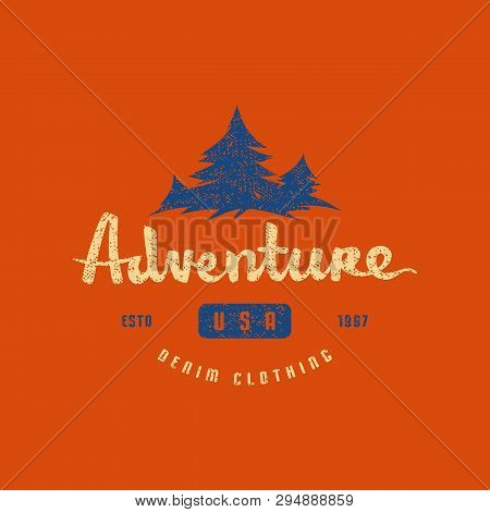 Stock Vector Emblem For T-shirt. Graphic Design On The Theme Of Camping, Hiking, Tourism And Active 