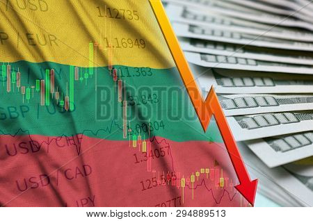 Lithuania Flag And Chart Falling Us Dollar Position With A Fan Of Dollar Bills