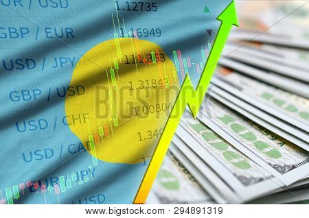 Palau Flag And Chart Growing Us Dollar Position With A Fan Of Dollar Bills