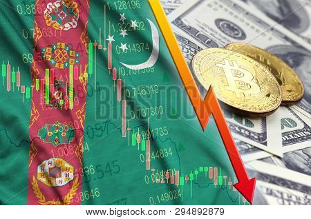 Turkmenistan Flag And Cryptocurrency Falling Trend With Two Bitcoins On Dollar Bills