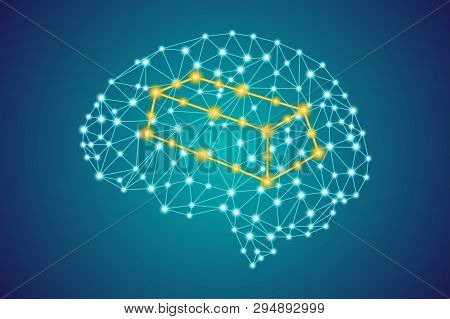 Gold Bar Icon Sign On Polygonal Low Poly Plexus Human Brain Background, Internet Artificial Intellig