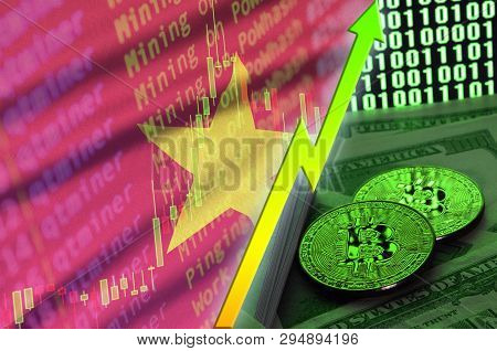Vietnam Flag And Cryptocurrency Growing Trend With Two Bitcoins On Dollar Bills And Binary Code Disp