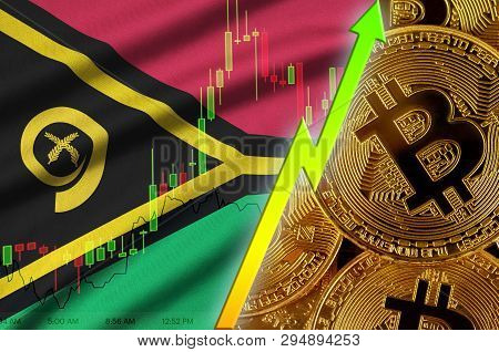 Vanuatu Flag And Cryptocurrency Growing Trend With Many Golden Bitcoins