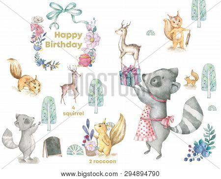 Wood Lnad Party Illustration With Birthday Cake, Roccoon, Flowers And Chocolate Moon And Blue Pize B