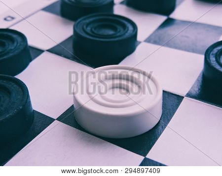 Checkerboard With Checkers. Business Strategy Competition, Strategic Planning For Winning Success. H