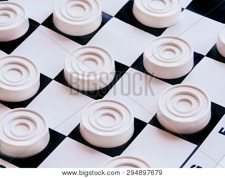 Checkerboard With Checkers. Business Strategy Competition, Strategic Planning For Winning Success. H