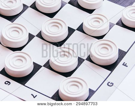 Checkerboard With Checkers. Business Strategy Competition, Strategic Planning For Winning Success. H
