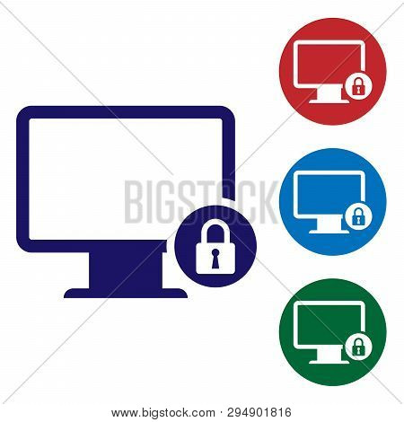 Blue Lock On Computer Monitor Screen Icon On White Background. Monitor And Padlock. Security, Safety