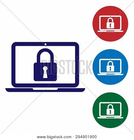 Blue Laptop And Lock Icon Isolated On White Background. Computer And Padlock. Security, Safety, Prot