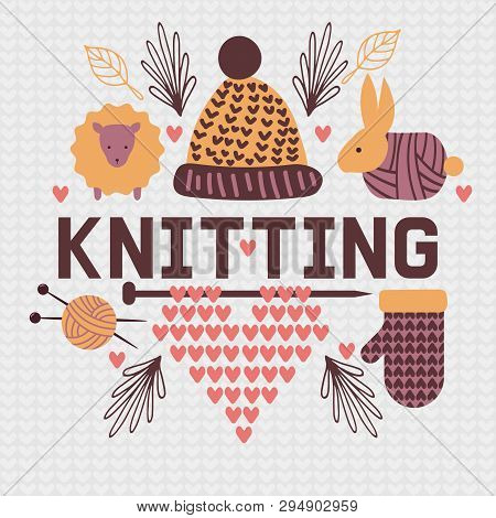 Handknitting Banner Vector Illustration. Needle, Tangle Of Thread. Making Clothes By Handknit, Needl